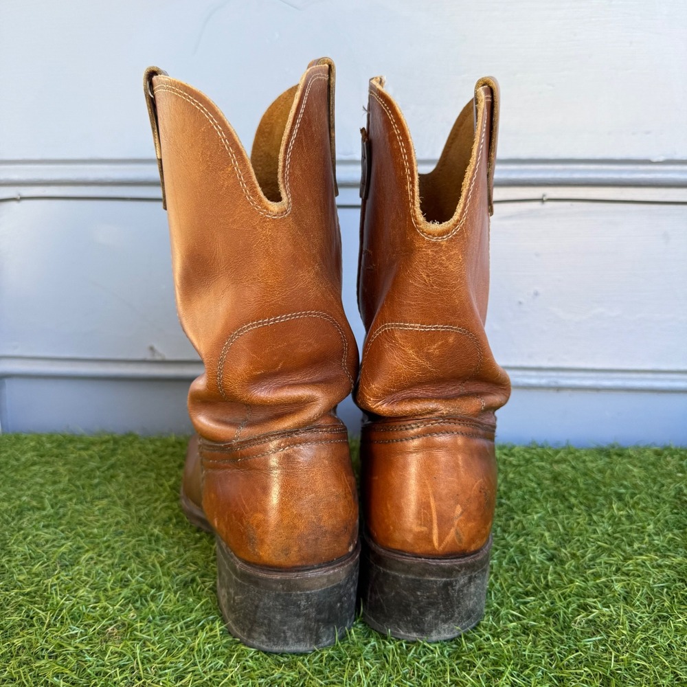 Vintage Mens Brown Leather Western Cowboy Pull On Work Boots Distressed - Picture 3 of 9